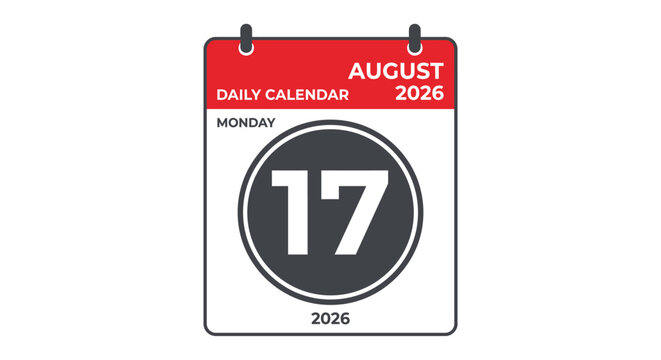 Daily calendar page showing August 17 date 2026 Monday day month year