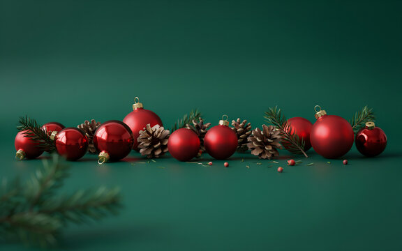 Row of red christmas ball decorations and pine cones on a green background,*Christmas / Winter Holiday Decoration 