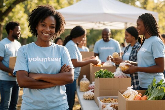 Smiling Black woman in volunteer t-shirt poses with arms crossed at outdoor food drive. People help distribute food donations, offering aid, support to in need. Community service event provides