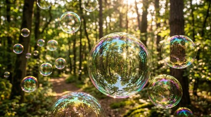 Fototapeta premium Colorful soap bubbles floating through a sunlit forest clearing in summer.