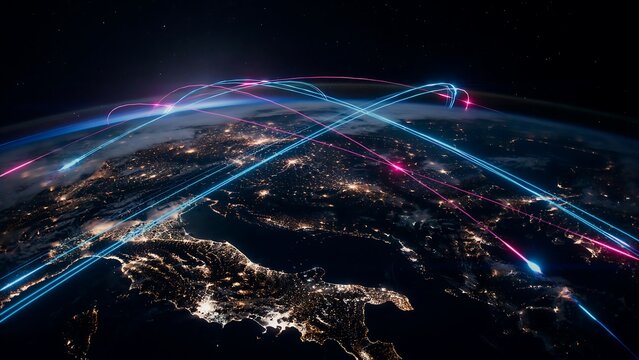Global digital network connection, data transmission, and communication technology concept with glowing light streaks over earth at night