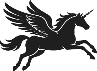 Fototapeta premium Elegant Winged Unicorn Silhouette Illustration - Majestic Flying Pegasus Horse with Horn Vector Graphic - Mythical Alicorn Creature in Motion for Fantasy Design and Logo Branding