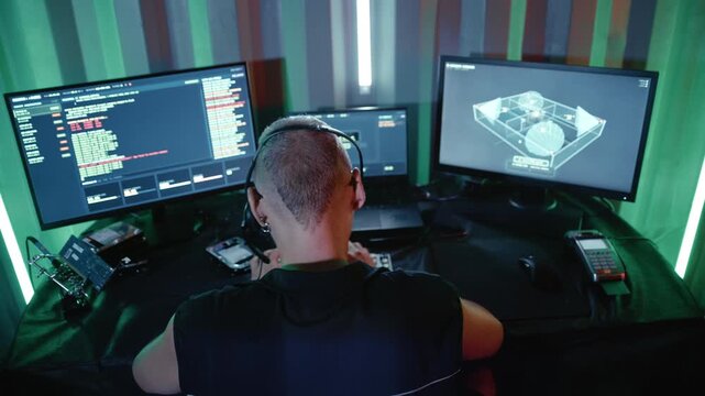 Male programmer with headset coding on multiple screens in a green neon-lit industrial container
