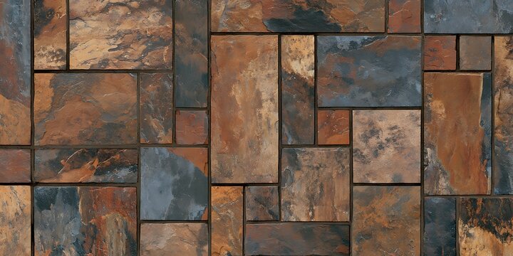 Rustic natural stone tile texture background with irregular patterns and earthy tones, ideal for flooring, wall cladding, or outdoor paving designs