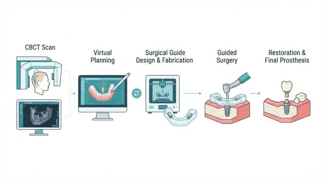 This shows the process of dental implant placement, detailing each step from scanning to creating a final tooth replacement.