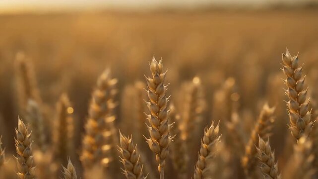 Close-up wheat heads in golden-hour field with shifting focus from foreground grain detail toward softly blurred horizon and broad rural landscape beyond, with wheat, grain, field, harvest detail