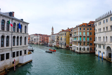 The city of Venice and the view of the Grand  Canal with ferry boat, gondola and water taxi from Rialto bridge  © PaBou
