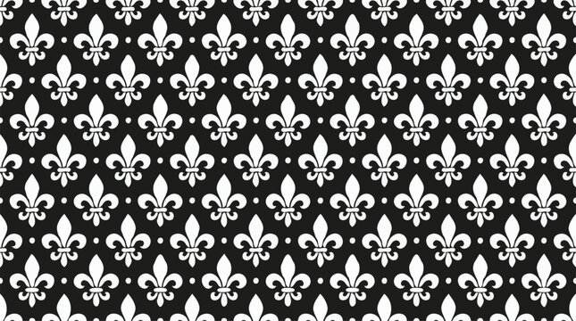 White fleur-de-lis heraldic lily seamless pattern on black background royal texture