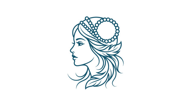 Minimalist line art illustration of a woman's profile featuring a pearl headband and flowing hair with feather accents, dark blue silhouette style isolated on white background.
