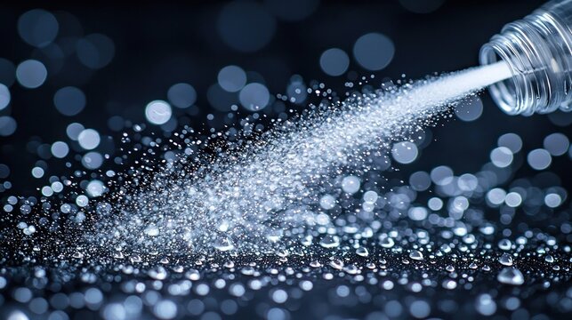 Powder pours from tilted bottle onto wet surface, bokeh lights in the back