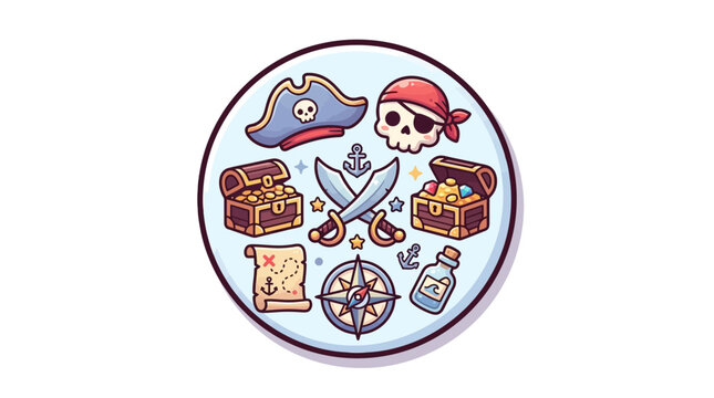 Cartoon pirate adventure collection with treasure chest skull and map