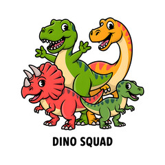 Obraz premium Cute pixel art dino squad featuring a happy group of colorful prehistoric dinosaur characters