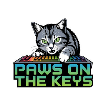 Cute pixel art cat with paws on the keys of a retro computer keyboard for gaming fans logo