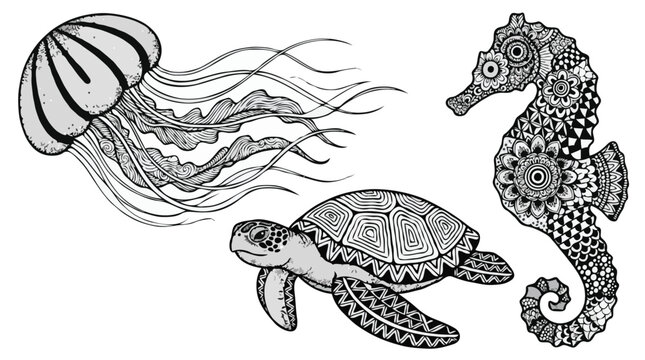 Zen mandala sea life set patterned jellyfish sea turtle and seahorse coloring page