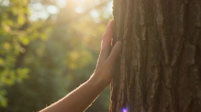 Hand resting against rough tree bark in sunlit forest with warm rim light, soft background blur, and natural woodland texture, with hand, palm, finger, wrist detail