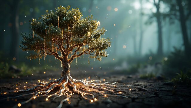 Digital tree of life with glowing binary code roots and leaves in a mystical forest, representing technology, growth, and data connectivity
