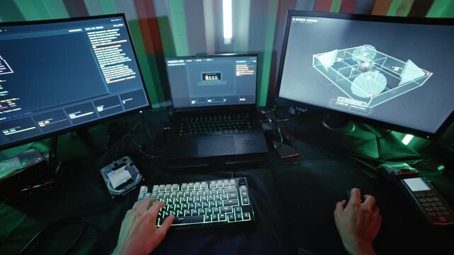 First-person perspective of a computer hacker successfully bypassing security and surveillance systems