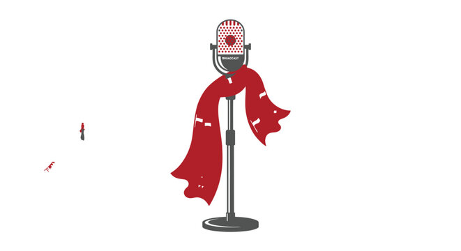 Retro microphone with red scarf on stand broadcast symbol vintage