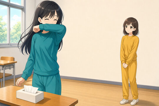 Woman covering a cough with her elbow while a child keeps distance in a bright room, cough etiquette, copy space, 明るい室内で肘で口を覆って咳をする女性と距離をとる子ども 咳エチケット コピースペース付き