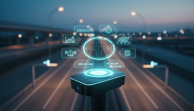 Photorealistic close-up of a futuristic automated traffic sensor on a highway projecting a blue holographic digital interface with logistics and traffic data icons at dusk
