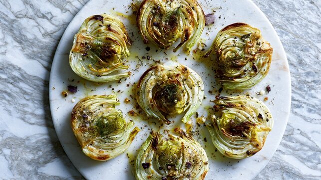 A luxury composition featuring roasted fennel recipes arranged in decorative circular patterns on polished marble