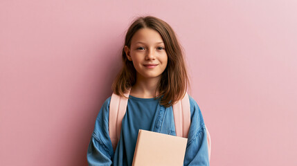 Fototapeta premium Portrait of Young Girl with Backpack and Notebook Against Pink Wall