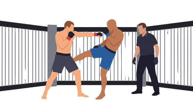 Two male fighters engaged in a combat sports match inside an octagon cage with a referee observing.
