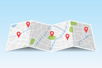Folded paper city map with multiple red location pin markers, travel, navigation, and destination planning concept.
