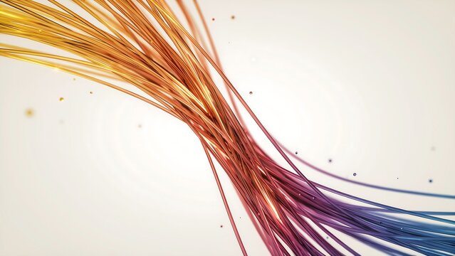 Abstract background with flowing glowing fiber optic cables with a color gradient from yellow to blue isolated on white background