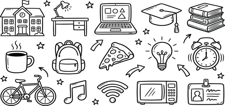 Hand drawn school doodle icon set with education supplies and university student life elements