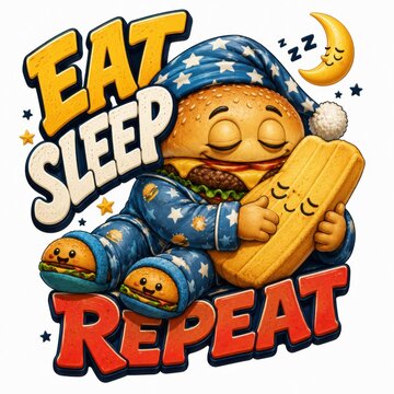 Overweight man sleeping with fast food and unhealthy lifestyle concept. Cartoon character illustrating obesity, laziness, and poor diet habits in a...
