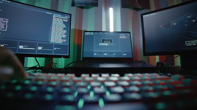 A fictional hacker environment featuring a multi-screen workstation and digital security interfaces. keyboard