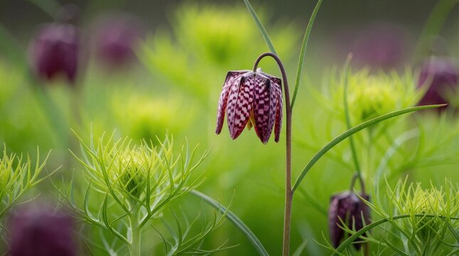 Purple checkered lily grows in green meadow field. Snake head fritillary flower blooms with unique petal pattern in spring garden. Macro shot of wild checkered lily displays intricate details of