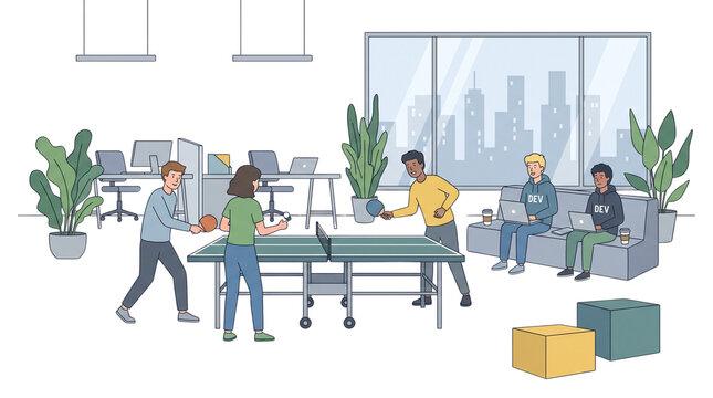 Diverse group of people playing ping pong in a modern office break room with city view.