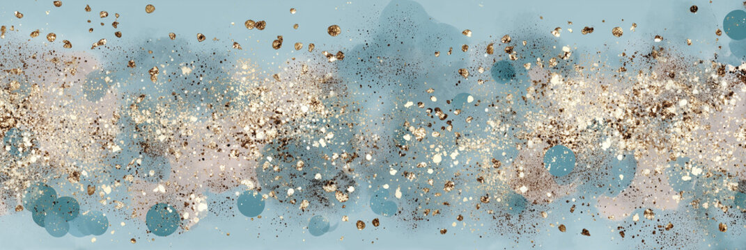 A wide horizontal background featuring dreamy light blue and teal bokeh circles combined with a central sparkling golden glitter band