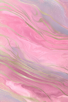 A vertical abstract composition showcasing smooth pastel pink fluid marbling accented by flowing curvilinear gold metallic lines