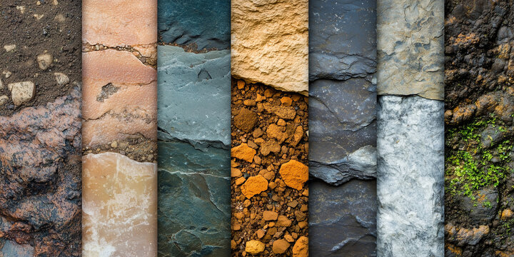 Horizontal banner featuring a collage strip of diverse natural geological textures including stone rock soil and moss