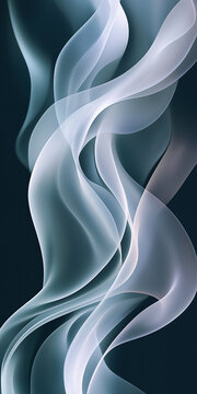 Vertical illustration of realistic white and grey translucent smoke waves flowing smoothly on a dark background