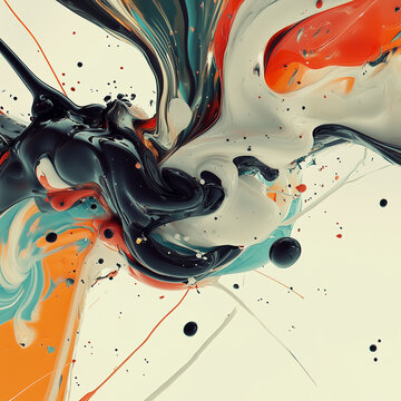 Dynamic macro view of swirling black liquid paint blending with cream and orange acrylic textures in a modern abstract artwork