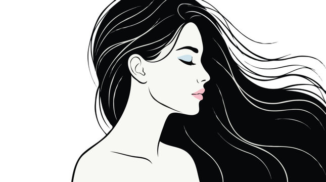 Elegant woman side profile portrait with long dark flowing hair vector line art
