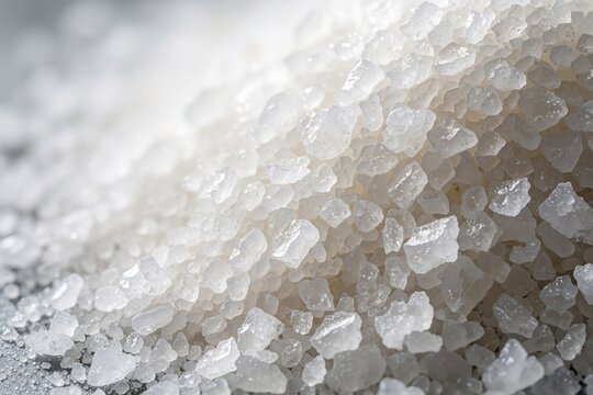 Macro shot of white magnesium chloride salt flakes. Heap of organic mineral crystals creates textured background for beauty skincare spa products. Natural crystalline grain structure provides