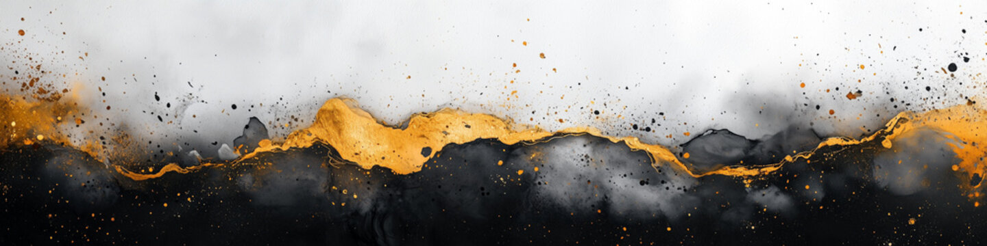 Horizontal black marble banner background features striking gold leaf glitter veins flowing across dark natural stone for premium decorative arts