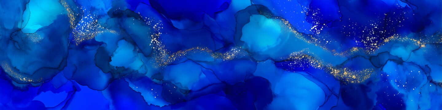 A rich royal blue liquid alcohol ink marble background accented with glittering gold vein streaks and shimmering metallic dust.