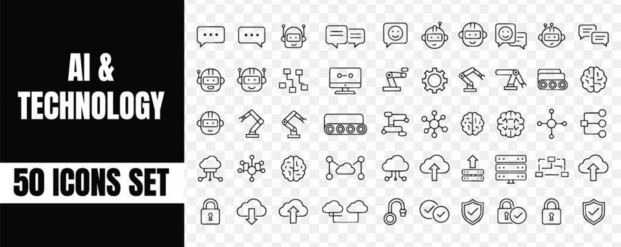 AI and technology Minimal icons set vector collection of outline icons for artificial intelligence and machine learning. linear pictogram pack with robot, industrial arm, brain and network elements