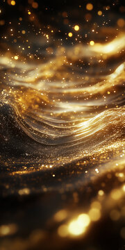 Abstract luxury background featuring glowing golden light waves shimmering bokeh spots and sparkling glitter dust on a dark backdrop