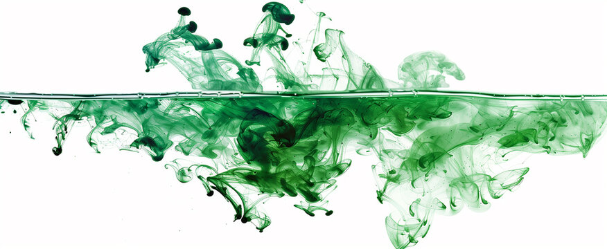 Horizontal banner depicting deep emerald green ink exploding and diffusing smoothly in water isolated against a plain white background
