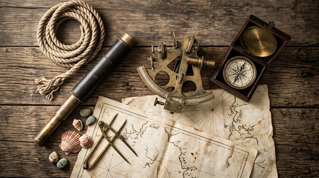 Vintage maritime navigation tools on a map. Antique nautical instruments for exploration.