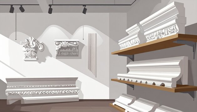 Ornate Architectural Molding Display in Modern Showroom.