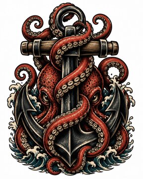 Red octopus wrapping heavy anchor with crashing waves, dramatic nautical tattoo style artwork in bold linework, textured shading, dark contrast, ornate marine emblem with vintage look