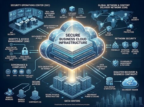 Secure Business Cloud Infrastructure Concept with Data Centers, Network Security, and SOC Integration